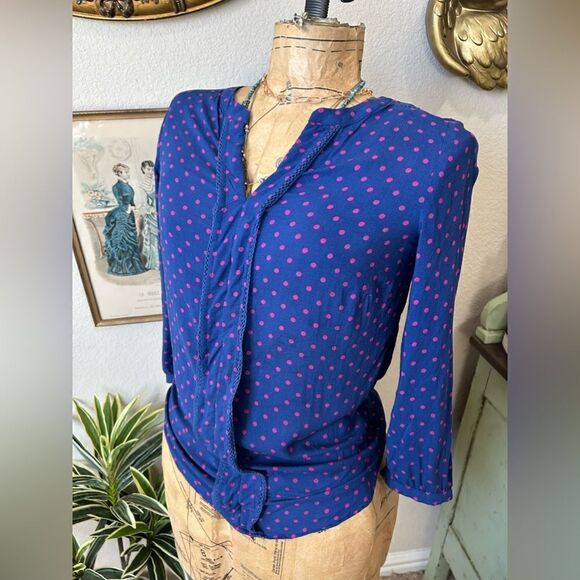 Talbots Blue Pink Polka Dot V Neck Blouse sz XS Career - Picture 9 of 10